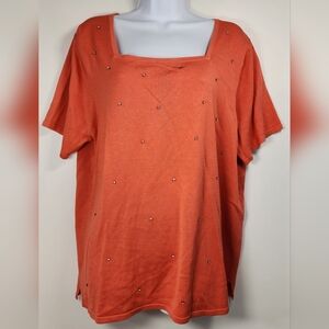 The Quacker Factory 1X Silk Cotton Orange Studded Sweater Top Square Neck Short